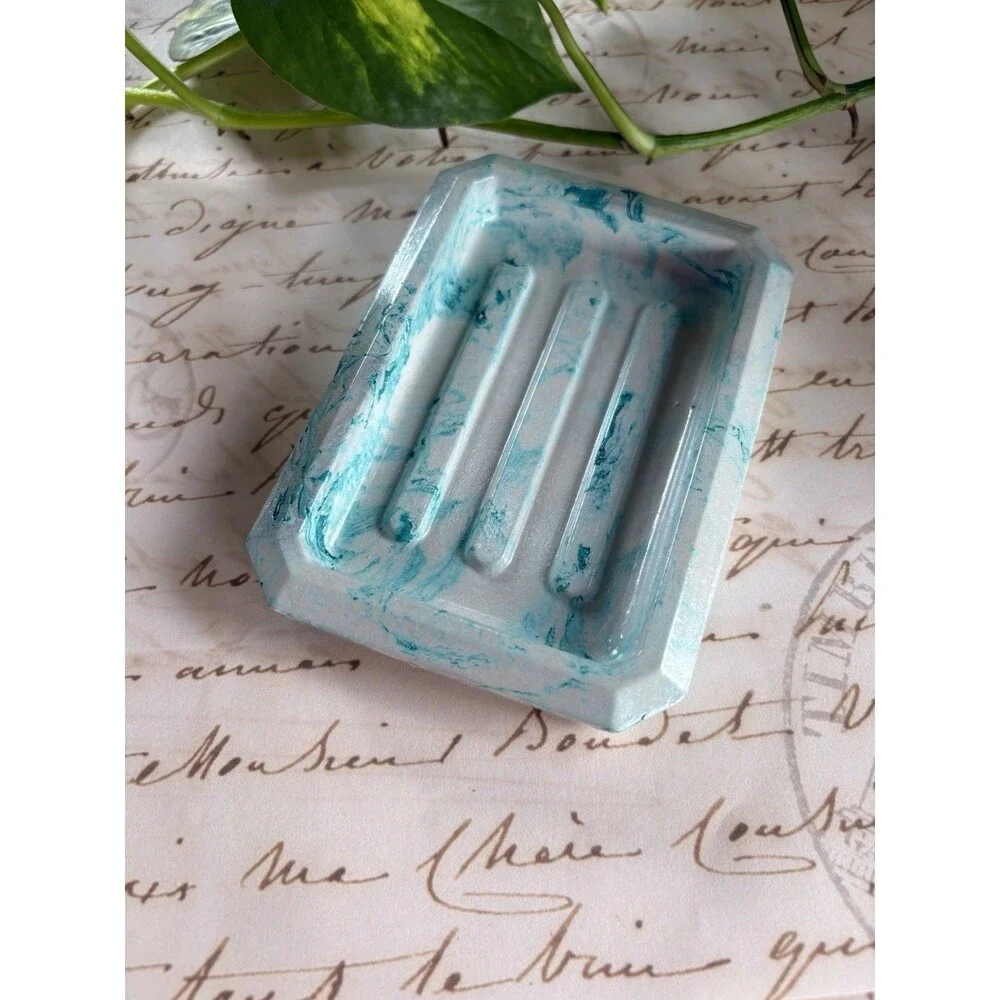 Handmade Soap Dish Cement Soap Holder Bathroom Kitchen Marbled Teal